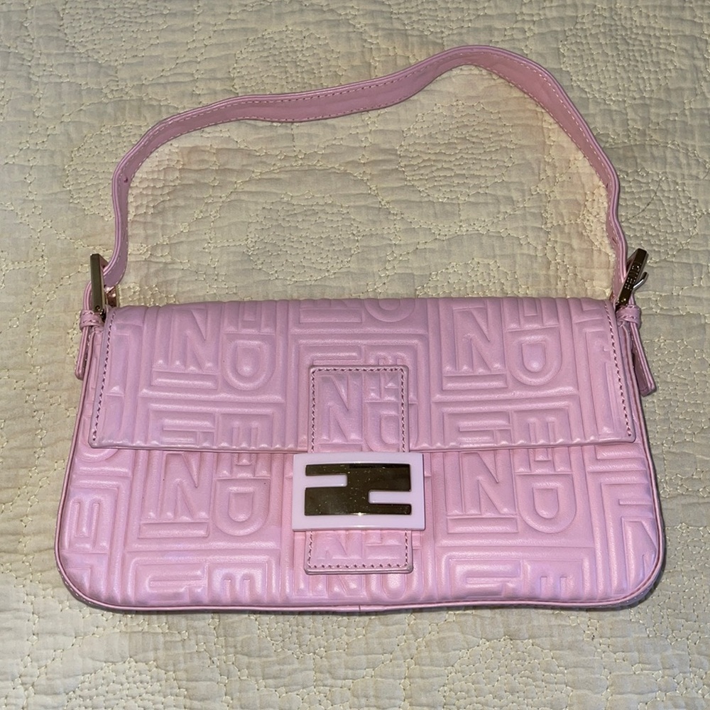 Fendi Logo Embossed Nappa Pink Leather Baguette Shoulder Bag